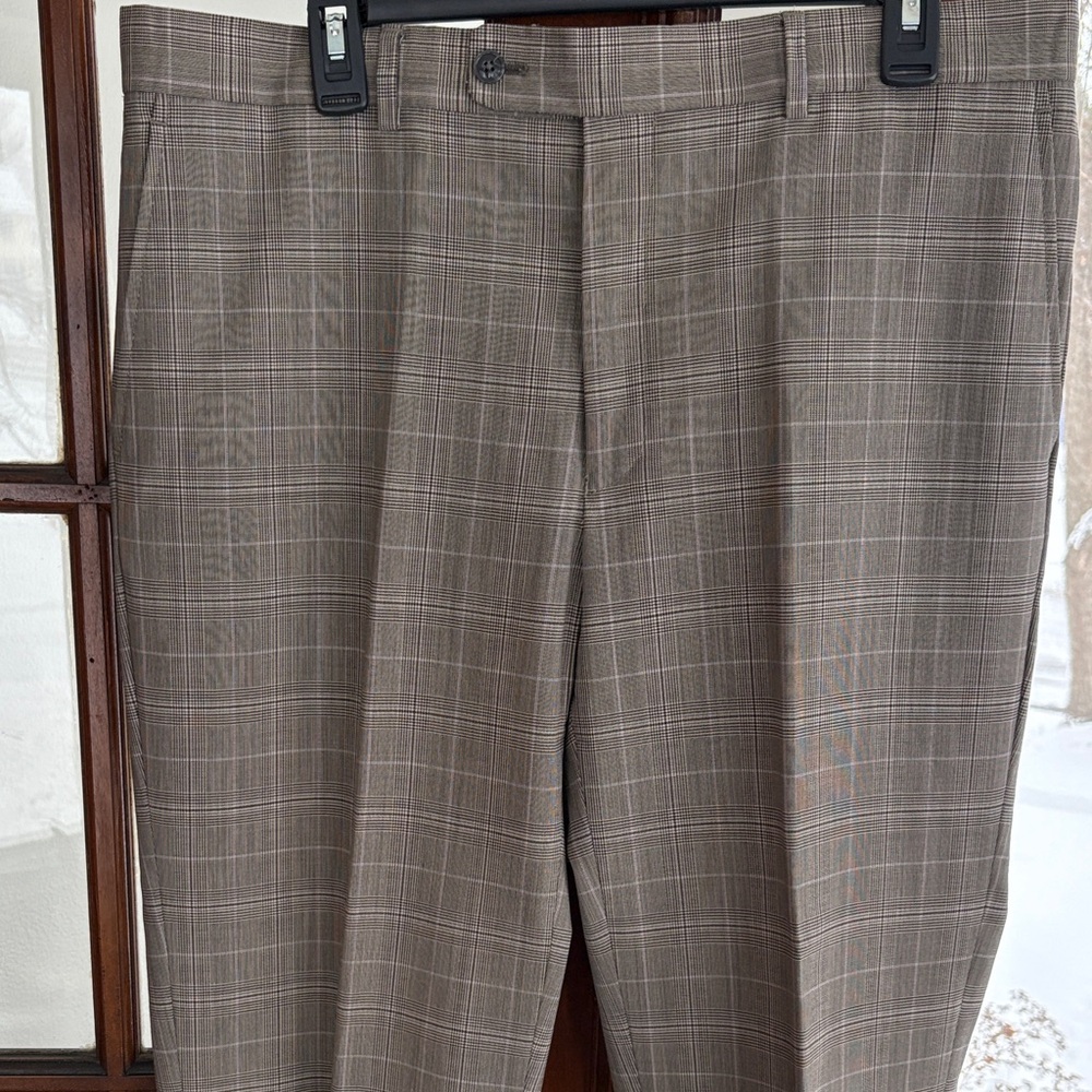 Men's Tan Plaid Dress Pants - Picture 3 of 7
